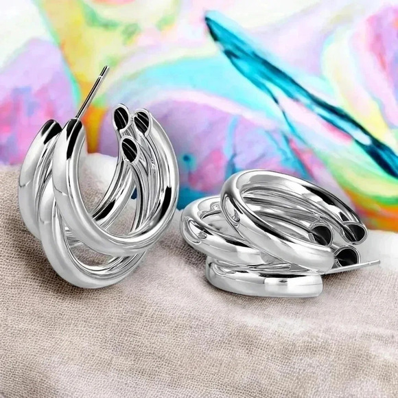 ποΈMinimalist Multi-Layer C-Shaped Hoop Earrings Iron Stainless Steel Ear Posts - Picture 6 of 13